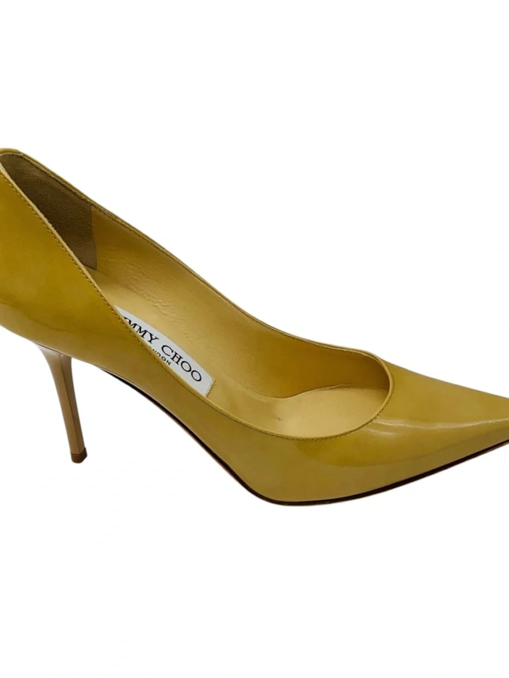 JIMMY CHOO NUDE POINTED TOE PATENT LEATHER PUMPS